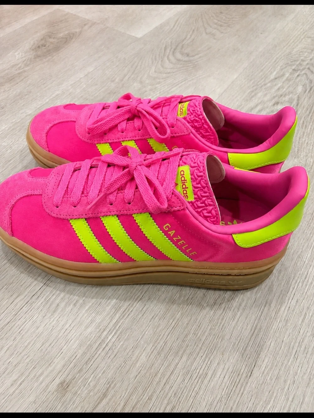 adidas Gazelle Bright Pink with Neon Yellow Accents and Gum Sole